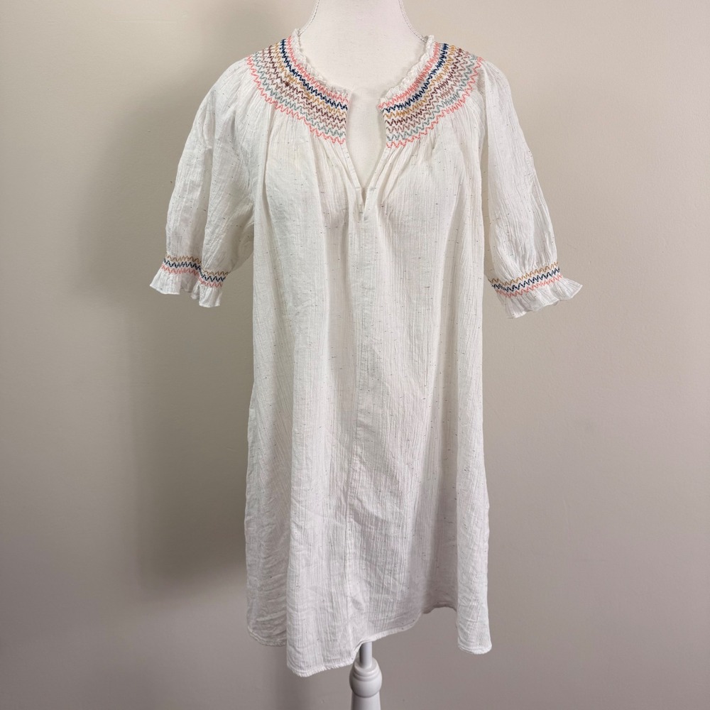 Madewell White Gauze Confetti Smocked Dress Short Sleeve Boho Cotton Large